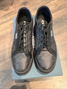 Coach Men's Black Signature Leather Lace Up Low Top Sneakers Shoes Size US 10